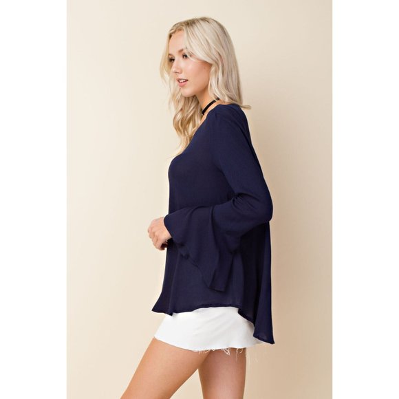 Women's Solid Bell Sleeve Top With Front Ring Detail Blouse Super Cute & Comfy - Picture 4 of 8
